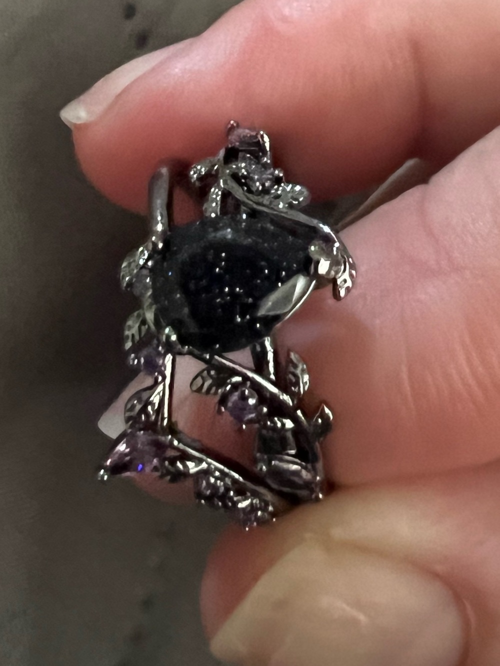 Black Druzy Statement Ring with Twisted Vine Band